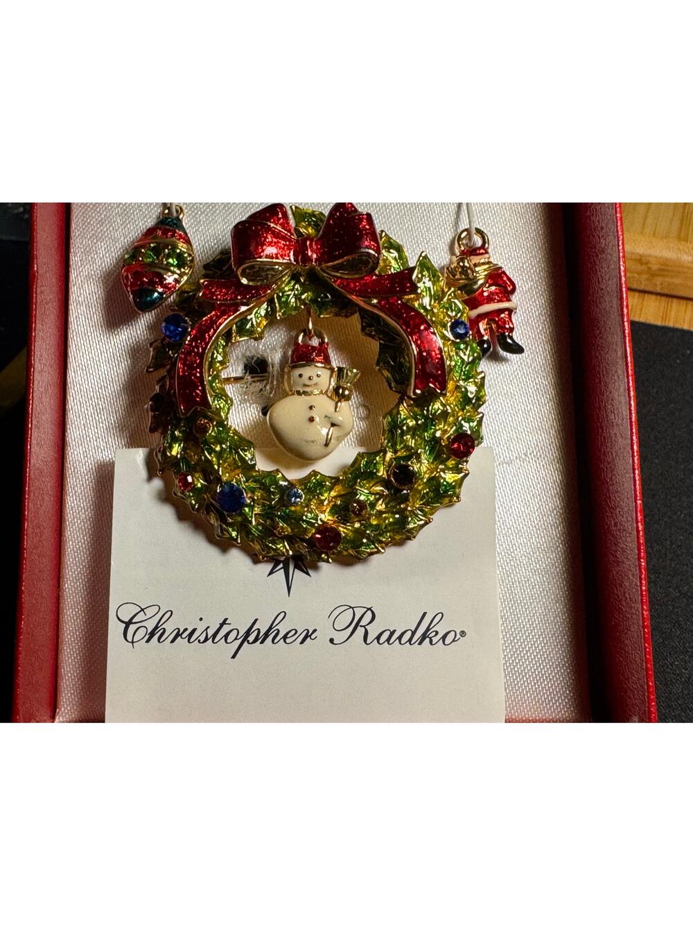 Vintage Christoper Radko Wreath Brooch w/ Snowman Charm